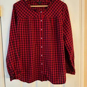 Talbots Women's Black Red Plaid Cotton Long Sleeve Button Ruffle Collar Shirt L